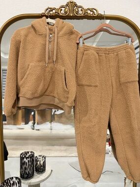 Blank NYC Tan Teddy Fleece Half-Zip Hoodie